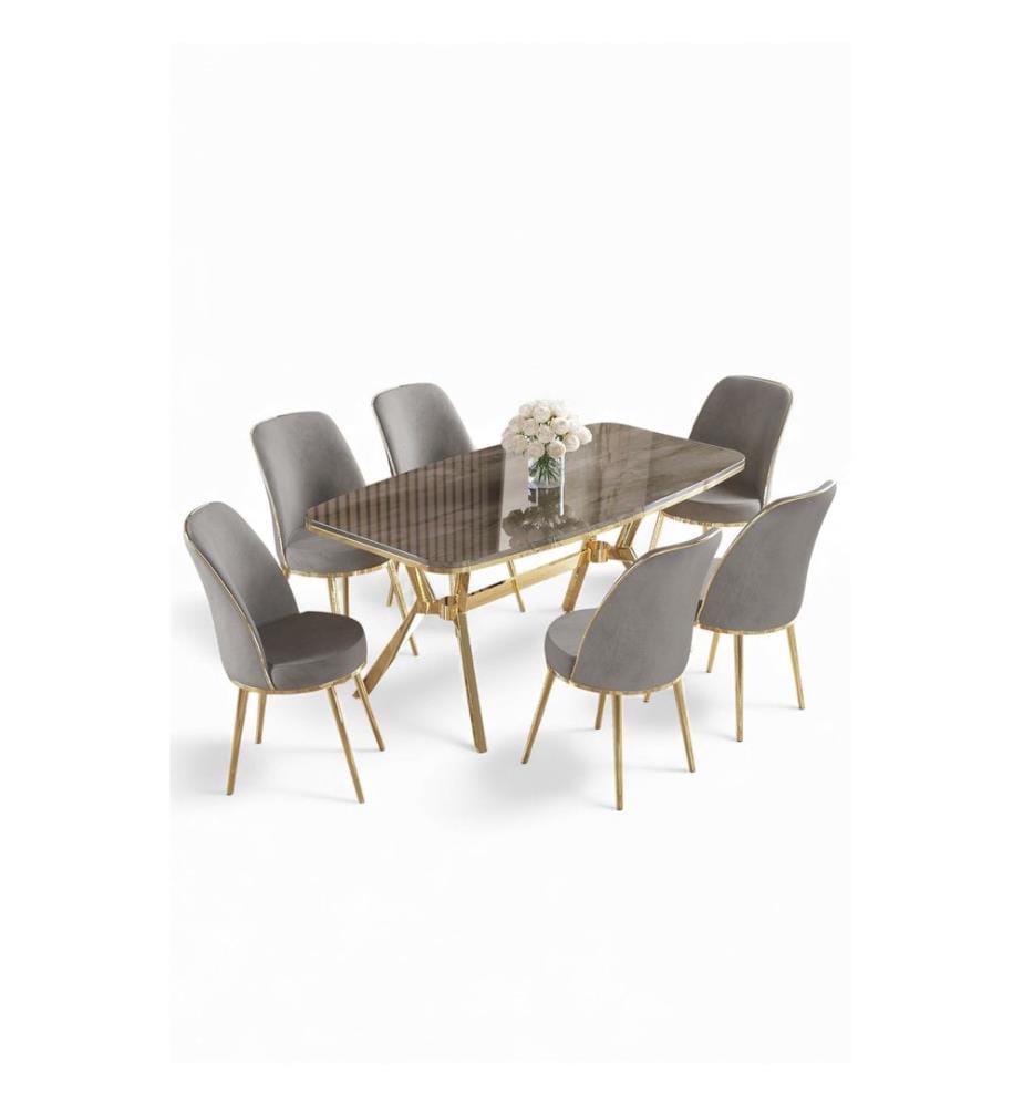 Ensemble table et chaises de salle à manger, 7 pièces, panneau 100 % laqué, anthracite, or, gris
