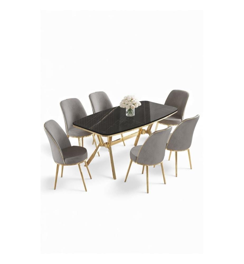 Ensemble table et chaises de salle à manger, 7 pièces, panneau 100 % laqué, marbre noir, or, gris
