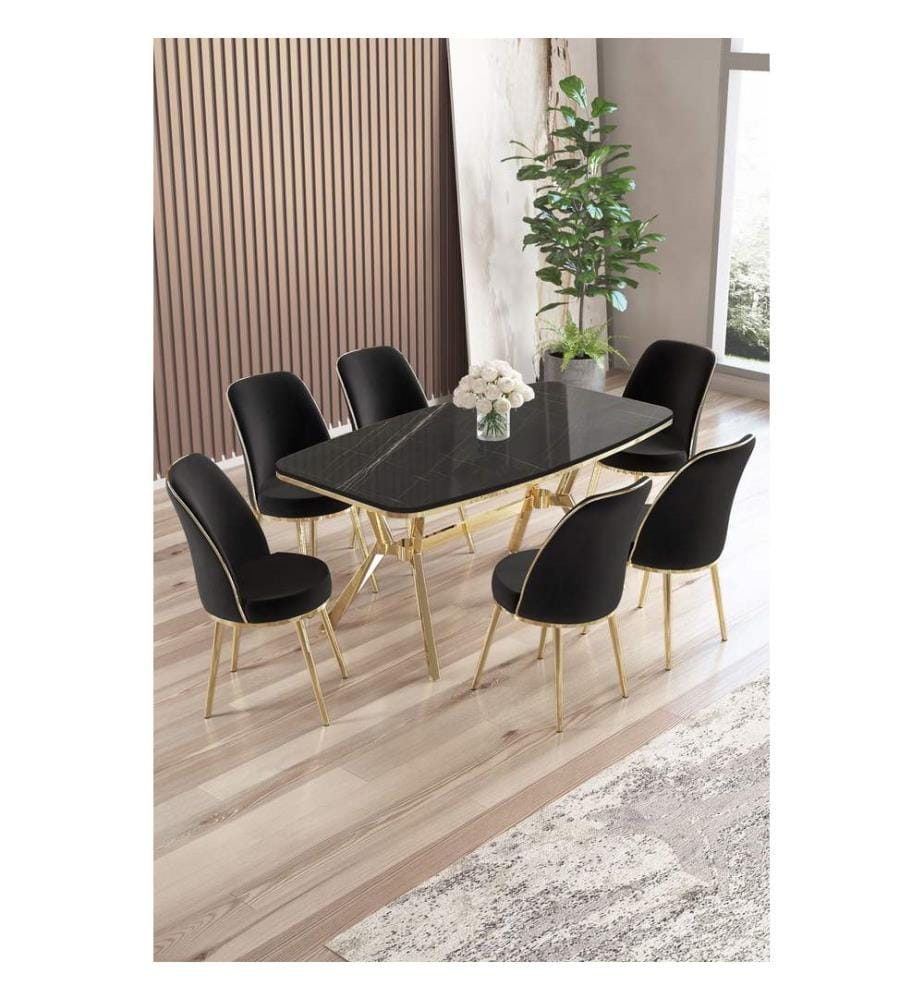 Essgruppe mit Tisch und Stühlen, 7-teilig, 100 % lackierte Paneele, schwarzer Marmor, Gold, Schwarz