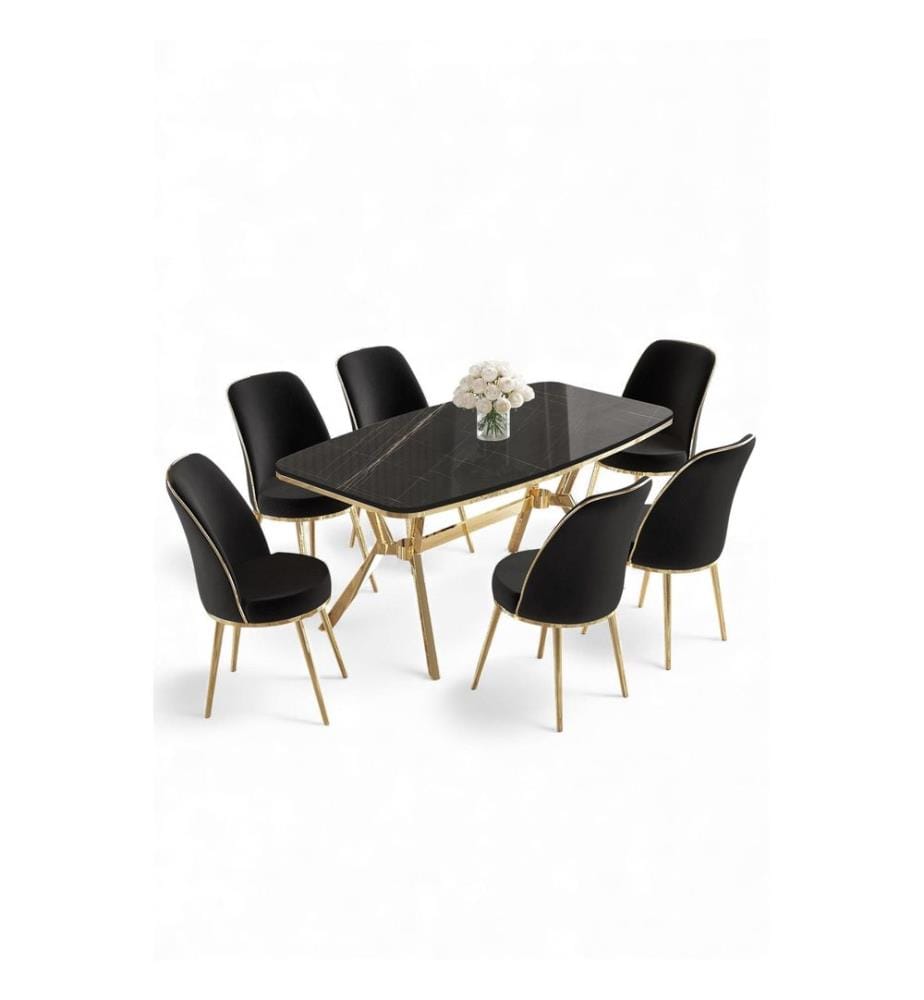 Essgruppe mit Tisch und Stühlen, 7-teilig, 100 % lackierte Paneele, schwarzer Marmor, Gold, Schwarz