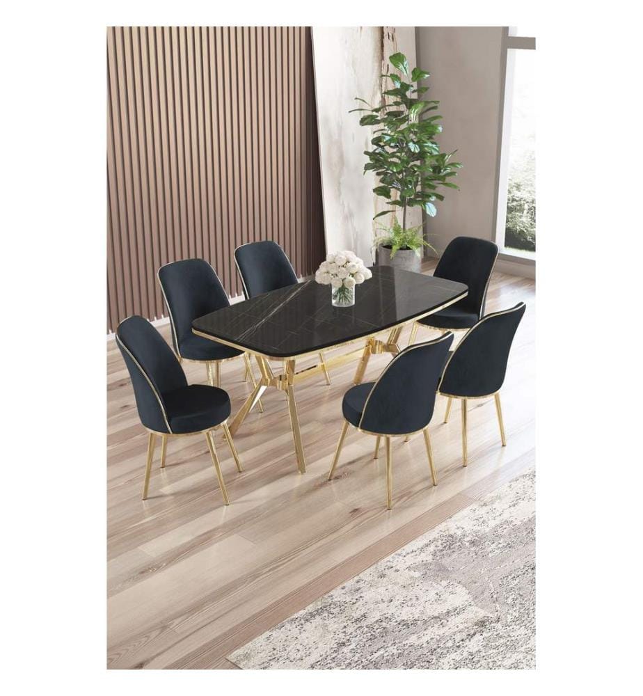 Ensemble table et chaises de salle à manger, 7 pièces, panneau 100 % laqué, marbre noir, or, anthracite