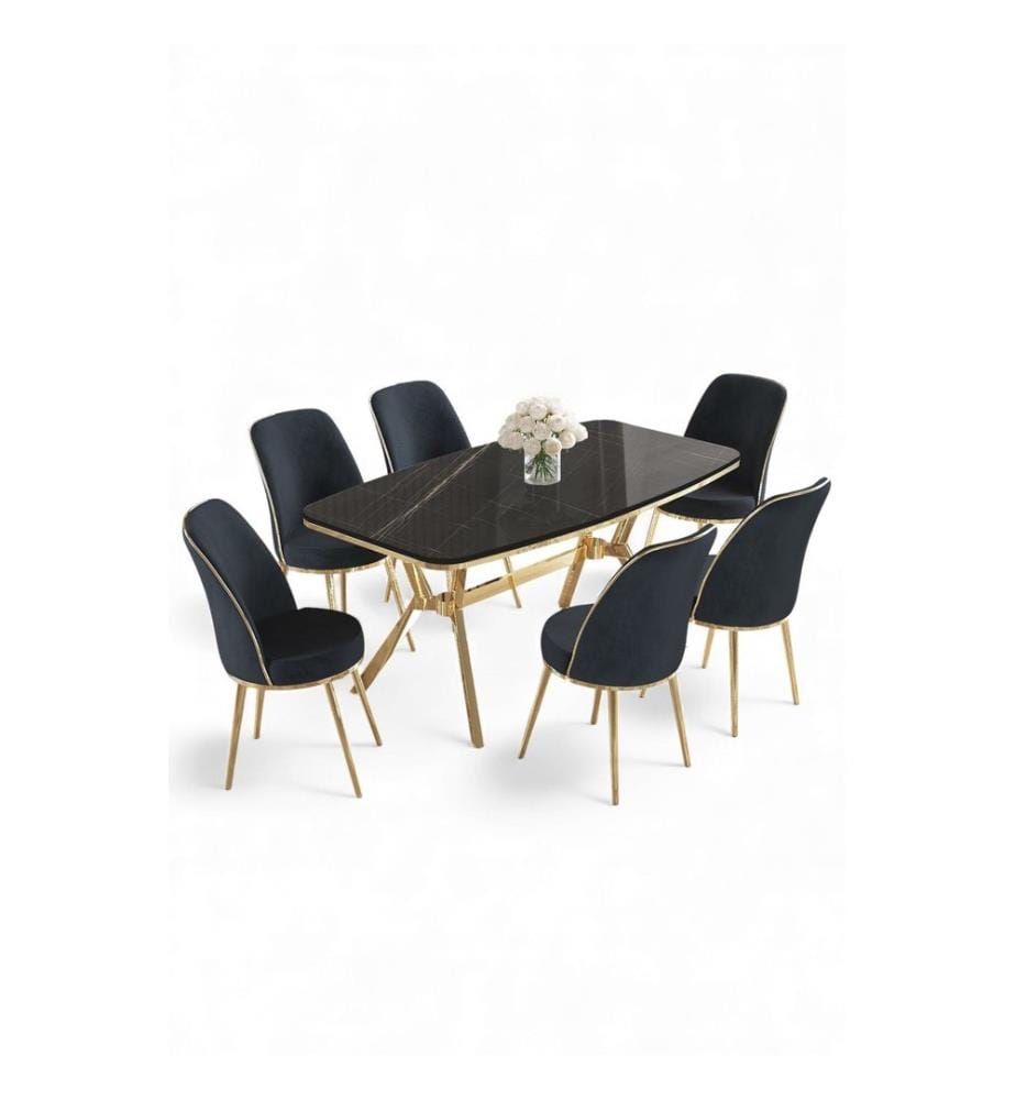 Ensemble table et chaises de salle à manger, 7 pièces, panneau 100 % laqué, marbre noir, or, anthracite