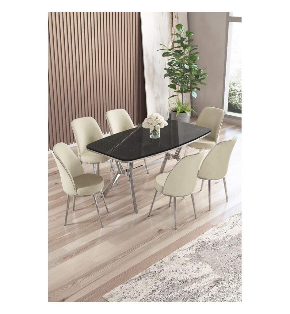 Ensemble table et chaises de salle à manger, 7 pièces, panneau 100 % laqué, marbre noir, chrome, crème