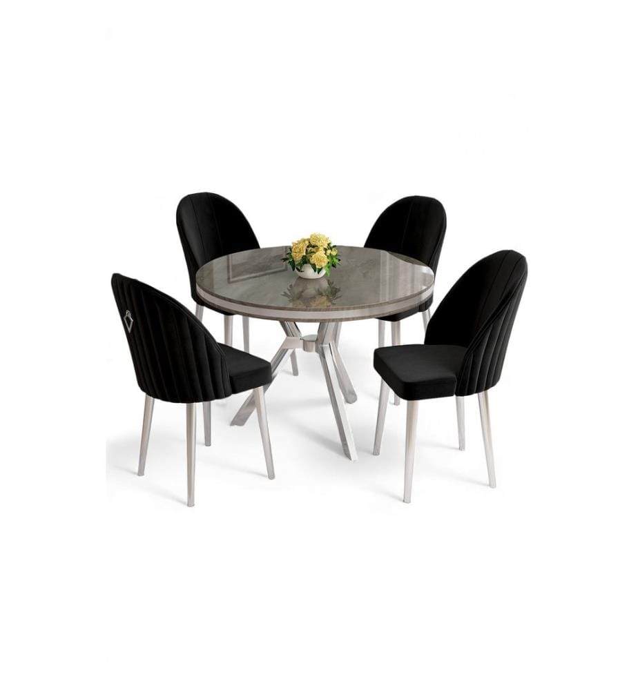 Essgruppe mit Tisch und Stühlen, 5-teilig, 100 % lackierte Oberfläche, Anthrazit, Chrom, Schwarz