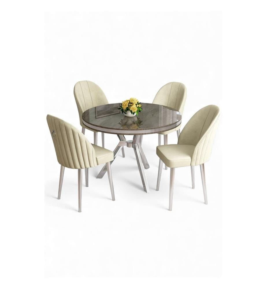 Ensemble table et chaises de salle à manger, 5 pièces, panneau 100 % laqué, anthracite, chrome, crème