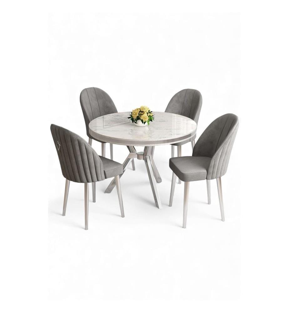 Ensemble table et chaises de salle à manger, 5 pièces, panneau 100 % laqué, marbre blanc, chrome, gris