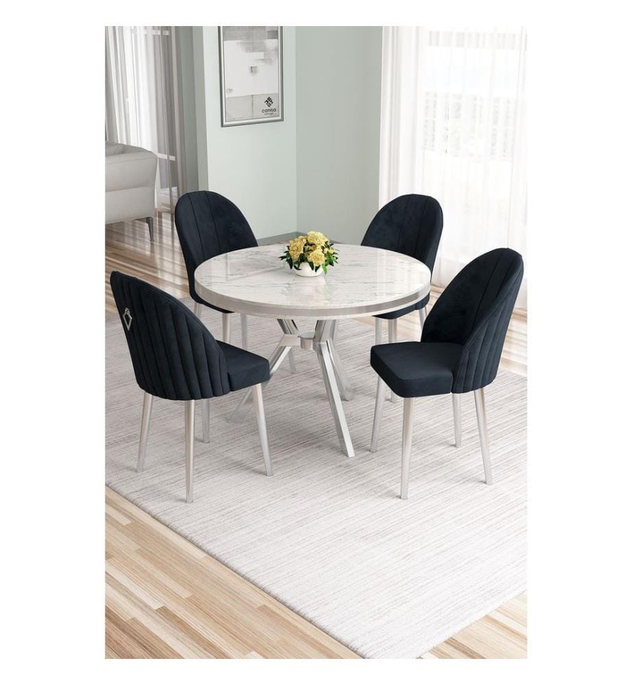 Ensemble table et chaises de salle à manger, 5 pièces, panneau 100 % laqué, marbre blanc, chrome, anthracite