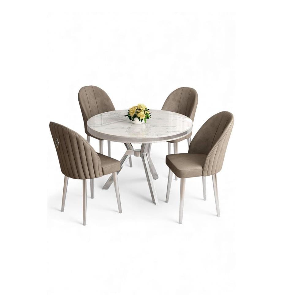 Ensemble table et chaises de salle à manger, 5 pièces, panneau 100 % laqué, marbre blanc, chrome, cappuccino