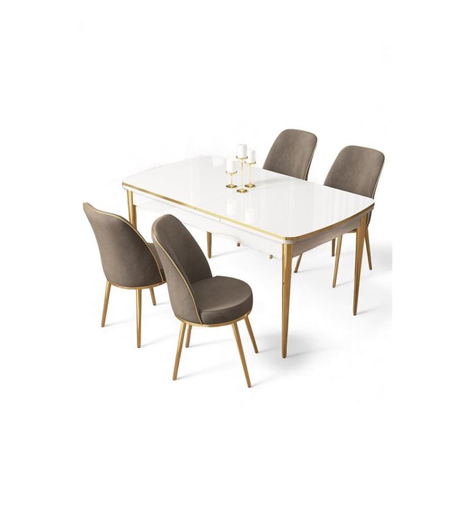 Ausziehbarer Esstisch mit Stühlen, 5-teilig, 100 % MDF, Weiss, Gold, Cappuccino