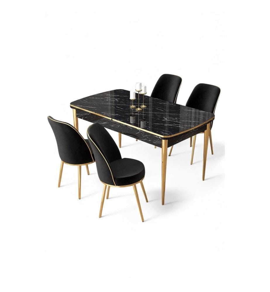 Ausziehbarer Esstisch mit Stühlen, 5-teilig, 100 % MDF, Schwarzer Marmor, Gold, Schwarz