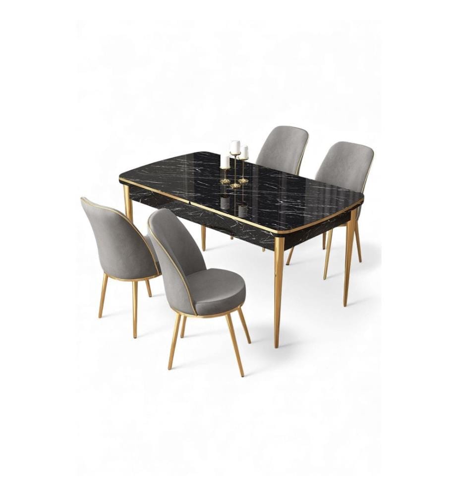 Ausziehbarer Esstisch mit Stühlen, 5-teilig, 100 % MDF, Schwarzer Marmor, Gold, Grau