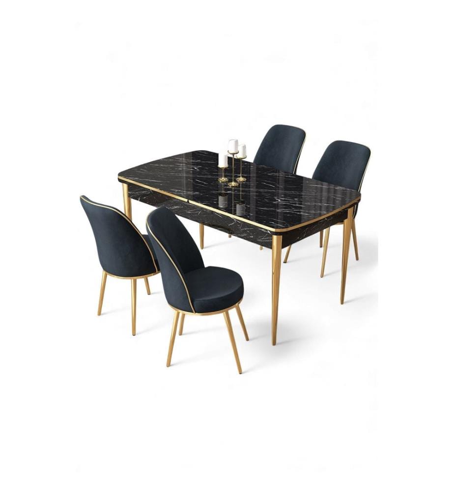 Ausziehbarer Esstisch mit Stühlen, 5-teilig, 100 % MDF, Schwarzer Marmor, Gold, Anthrazit