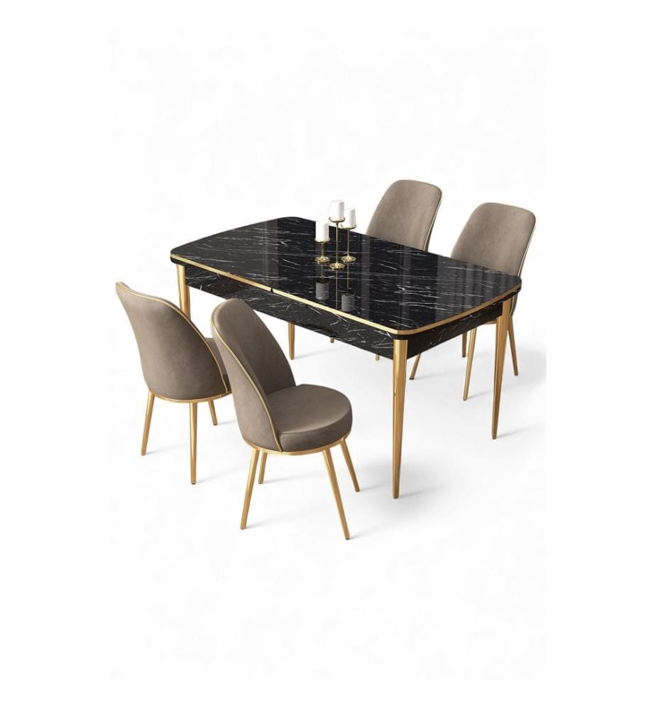 Ensemble table et chaises extensibles, 5 pièces, 100 % MDF, marbre noir, or, cappuccino