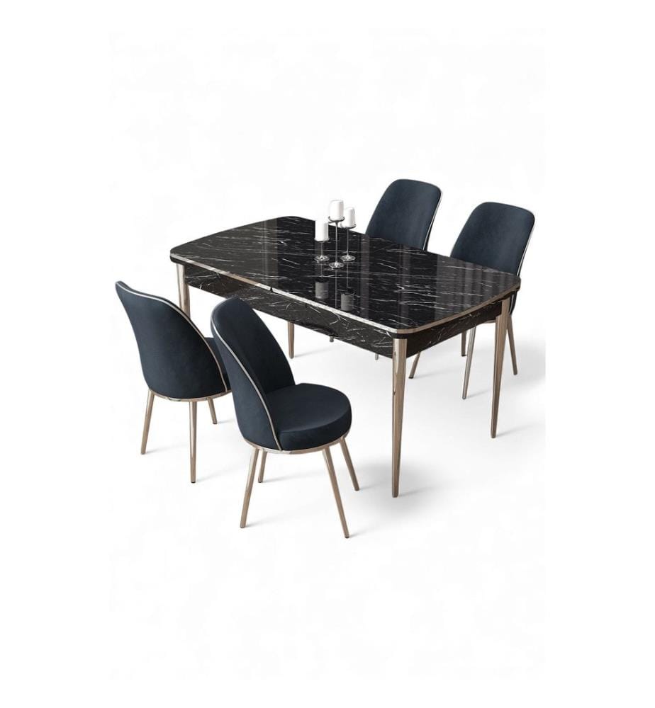 Ausziehbarer Esstisch mit Stühlen, 5-teilig, 100 % MDF, Schwarzer Marmor, Chrom, Anthrazit