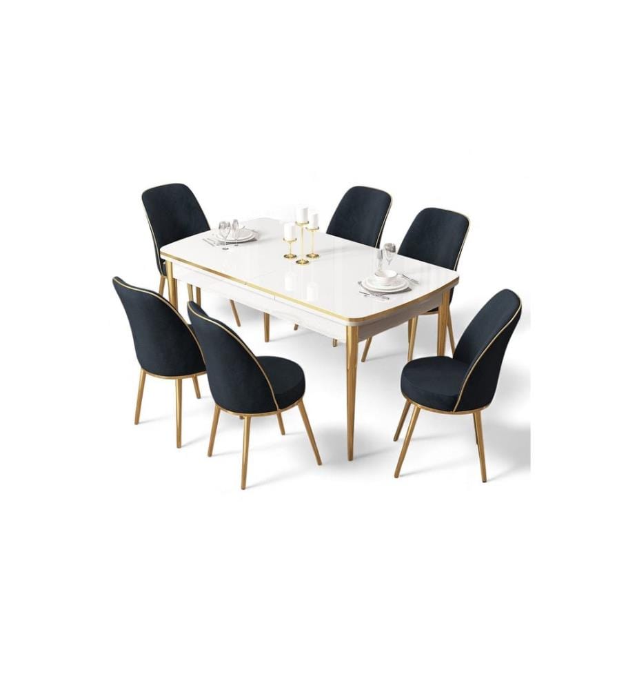 Ausziehbarer Esstisch mit Stühlen, 7-teilig, 100 % MDF, Weiss, Gold, Anthrazit
