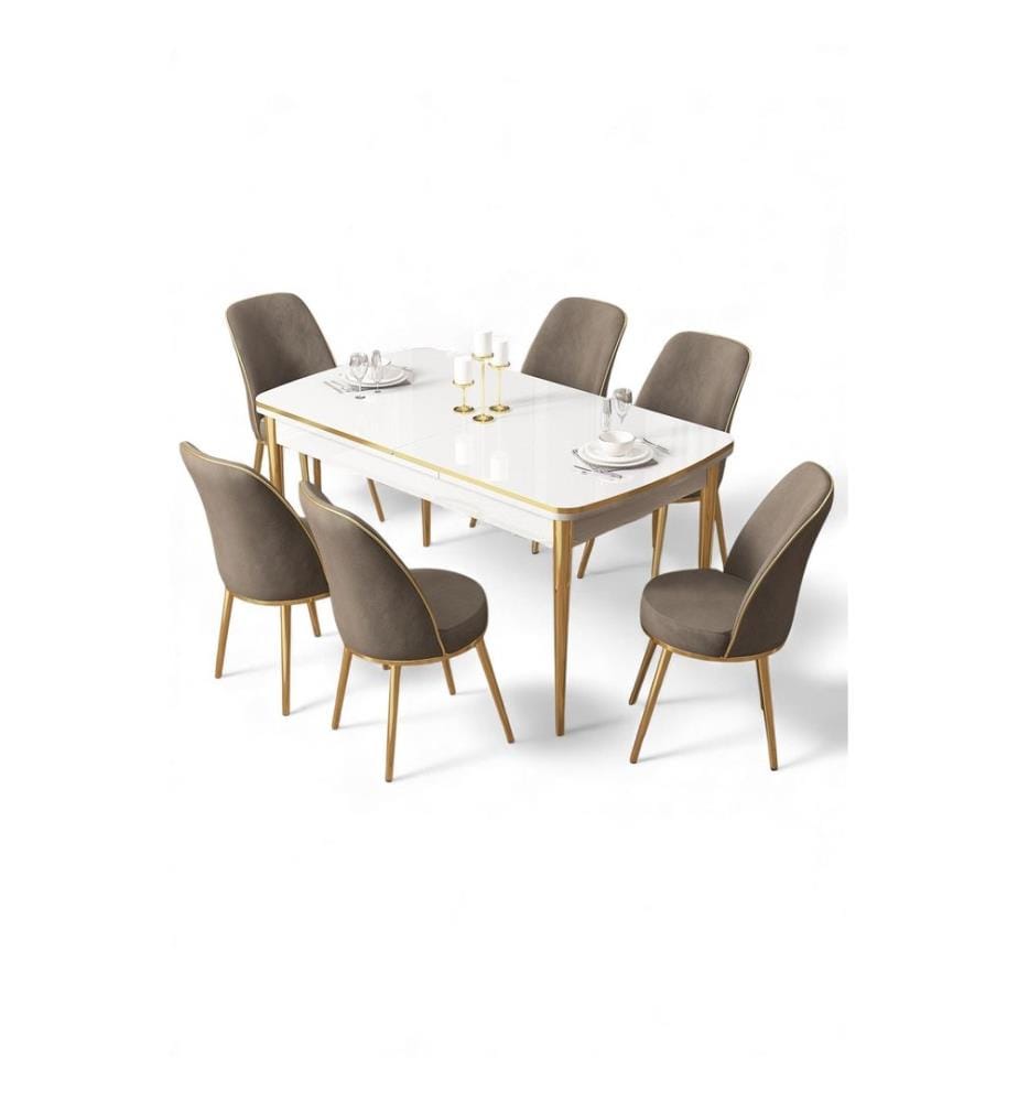 Ausziehbarer Esstisch mit Stühlen, 7-teilig, 100 % MDF, Weiss, Gold, Cappuccino