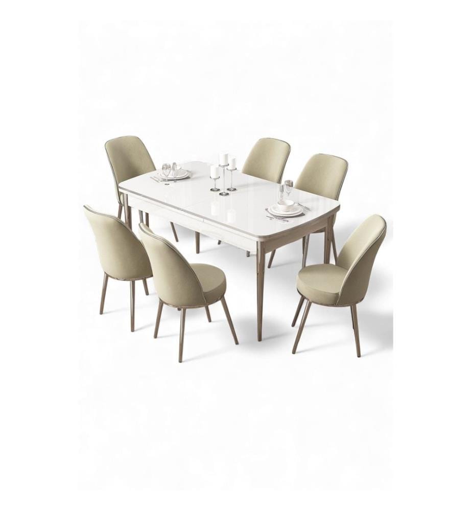 Ensemble table et chaises extensibles, 7 pièces, 100 % MDF, blanc, chromé, crème