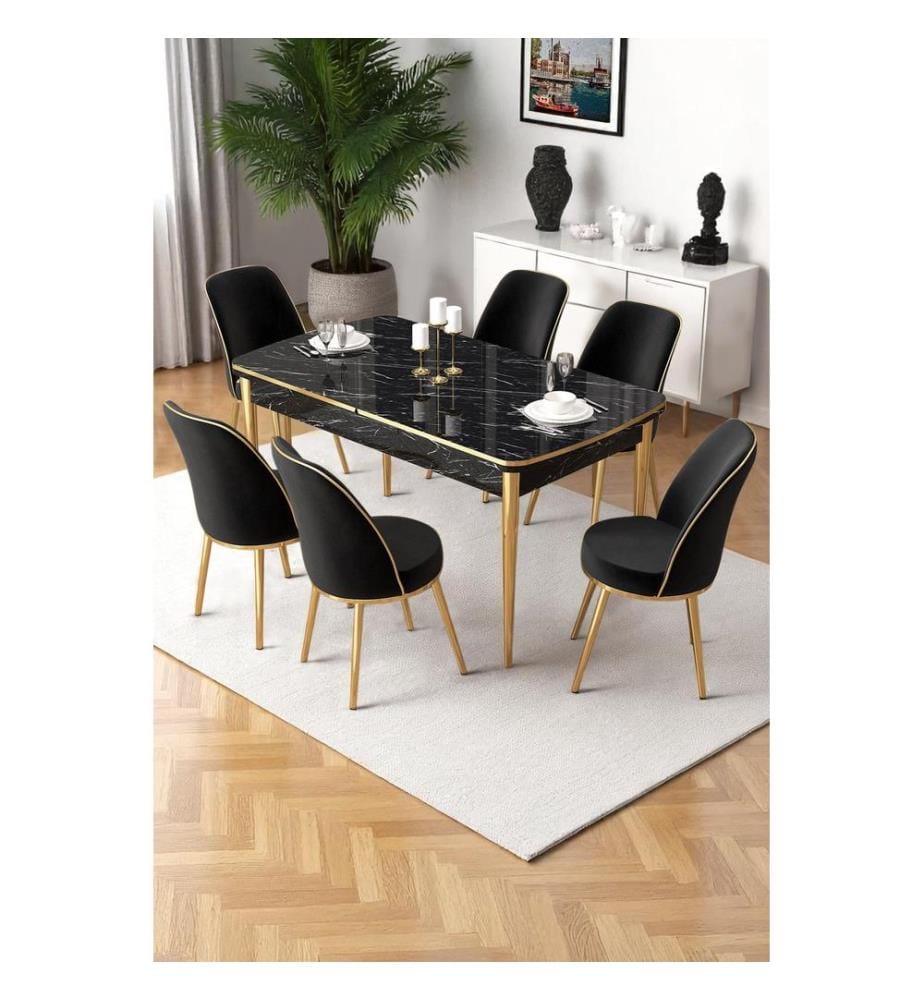 Ensemble table et chaises extensibles, 7 pièces, 100 % MDF, marbre noir, doré, noir