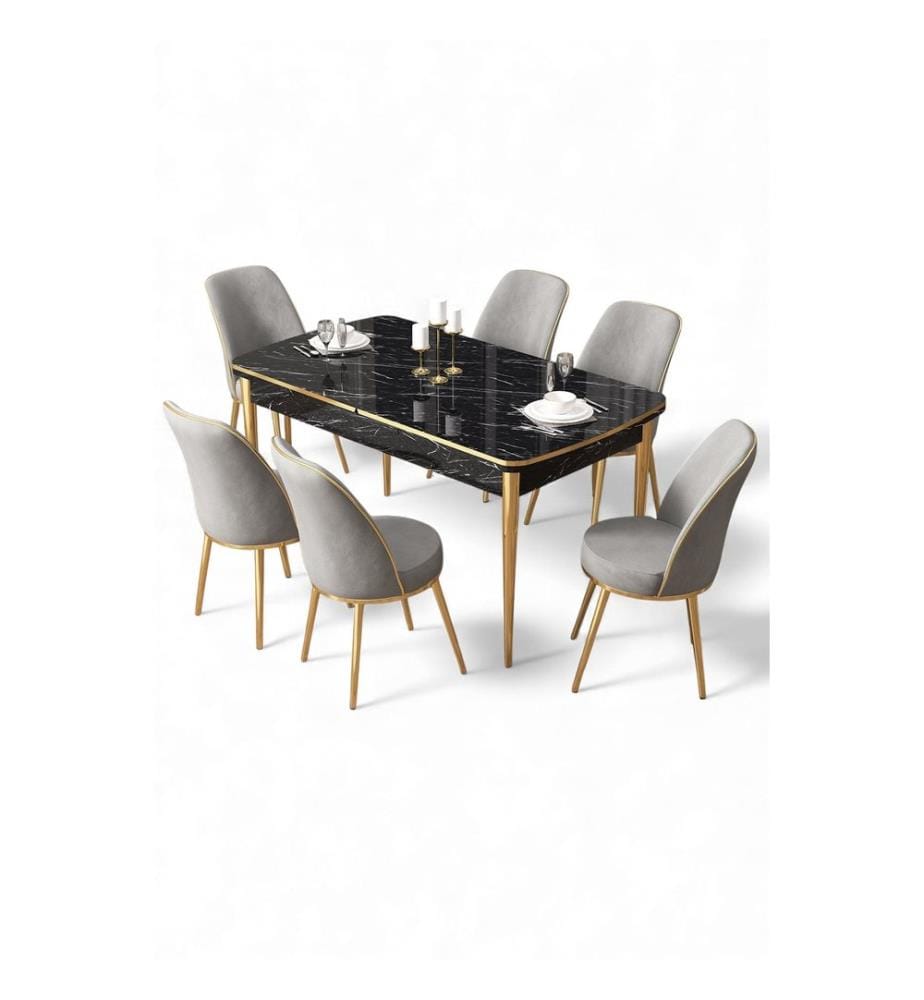 Ausziehbarer Esstisch mit Stühlen, 7-teilig, 100 % MDF, Schwarzer Marmor, Gold, Grau