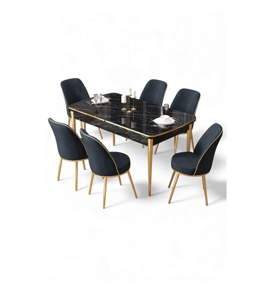 Ensemble table et chaises extensibles, 7 pièces, 100 % MDF, marbre noir, or, anthracite