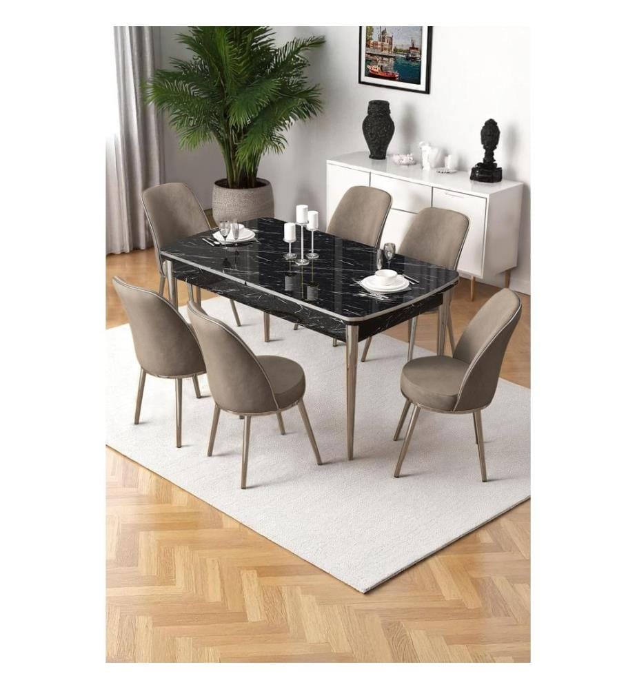 Ausziehbarer Esstisch mit Stühlen, 7-teilig, 100 % MDF, Schwarzer Marmor, Chrom, Cappuccino