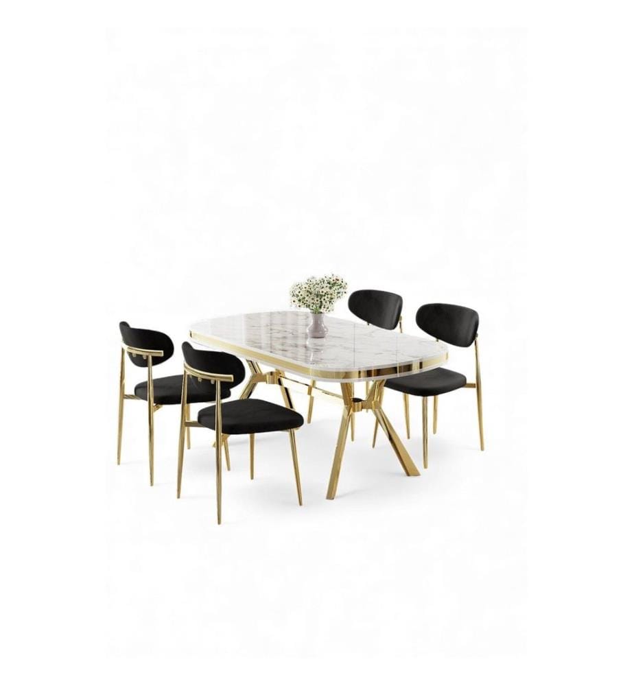 Ensemble table et chaises de salle à manger, 5 pièces, panneau 100 % laqué, marbre blanc, or, noir