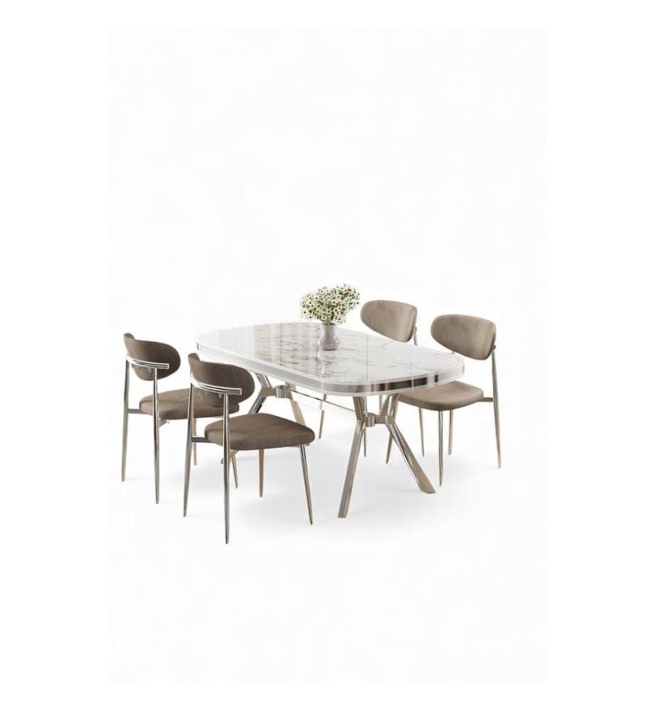 Essgruppe mit Tisch und Stühlen, 5-teilig, 100 % lackierte Paneele, weisser Marmor, Chrom, Cappuccino