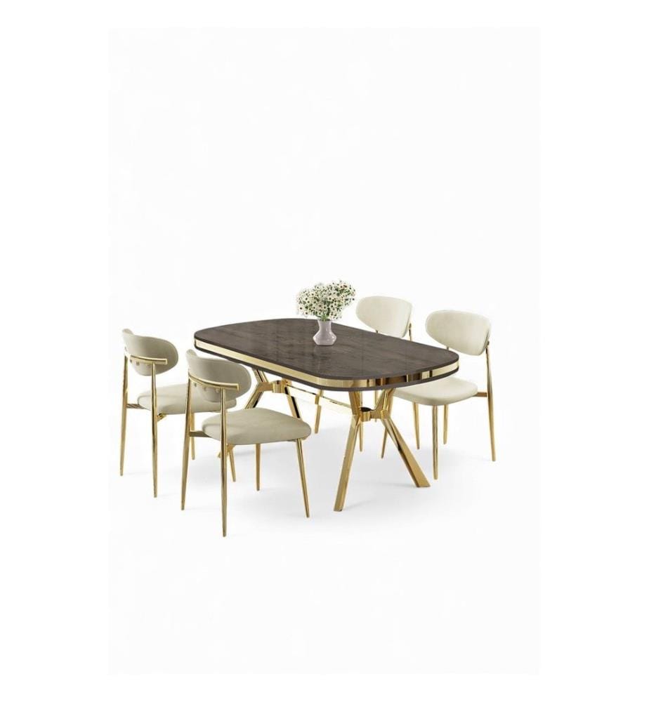 Essgruppe mit Tisch und Stühlen, 5-teilig, 100 % lackierte Paneele, Anthrazit, Gold, Creme