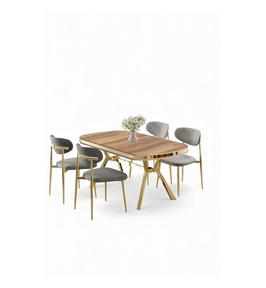 Ensemble table et chaises de salle à manger, 5 pièces, panneau 100 % laqué, chêne, doré, gris