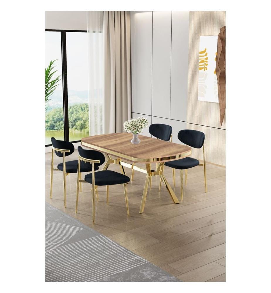 Ensemble table et chaises de salle à manger, 5 pièces, panneau 100 % laqué, chêne, doré, anthracite