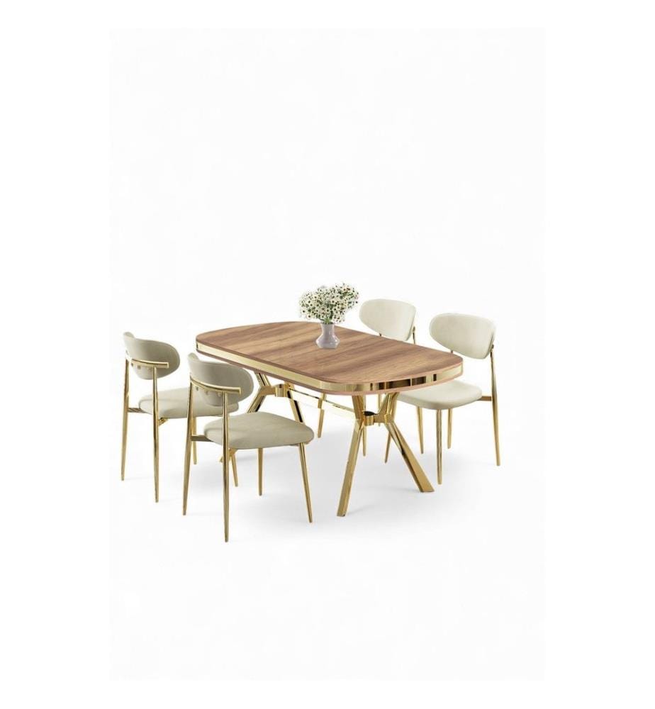 Ensemble table et chaises de salle à manger, 5 pièces, panneau 100 % laqué, chêne, doré, crème