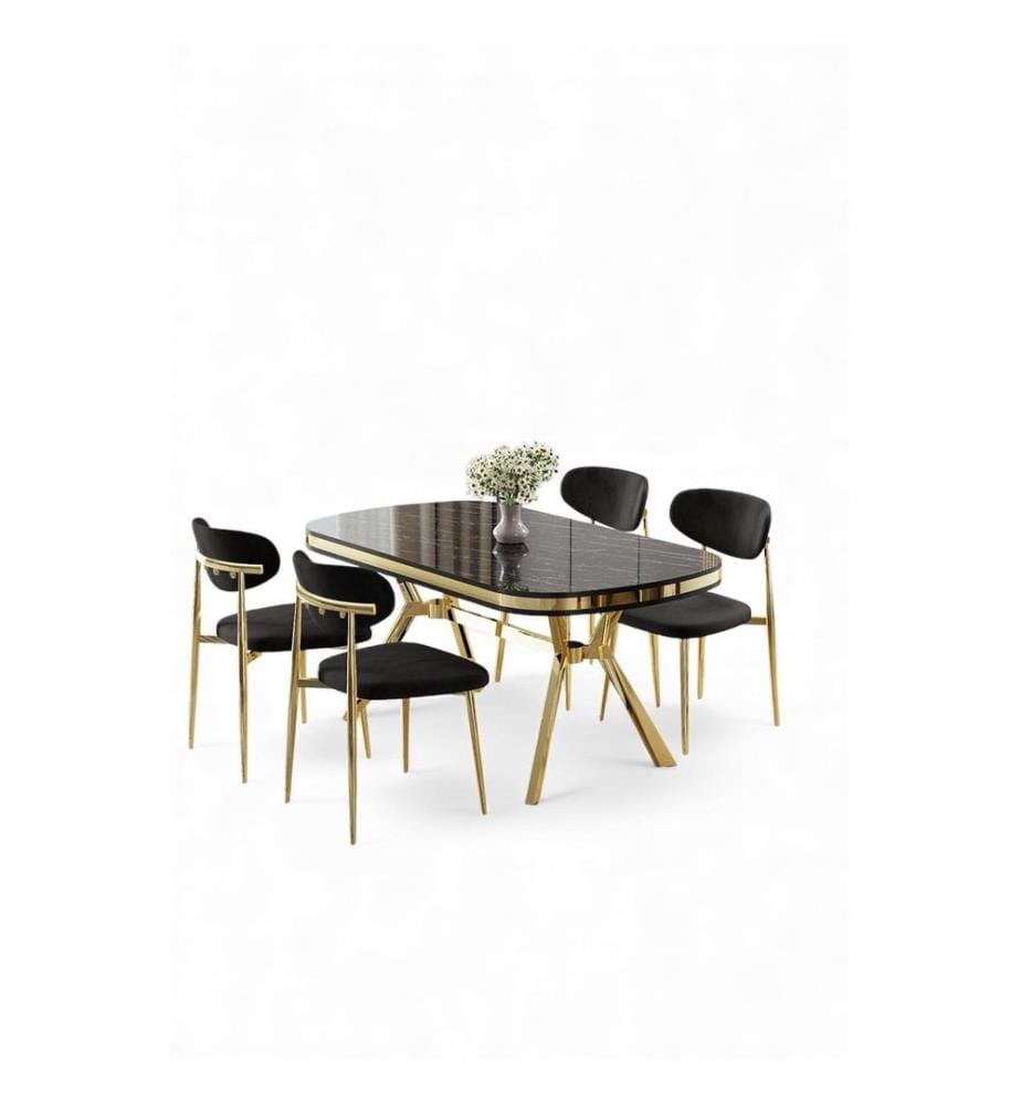 Ensemble table et chaises de salle à manger, 5 pièces, panneau 100 % laqué, marbre noir, or, noir