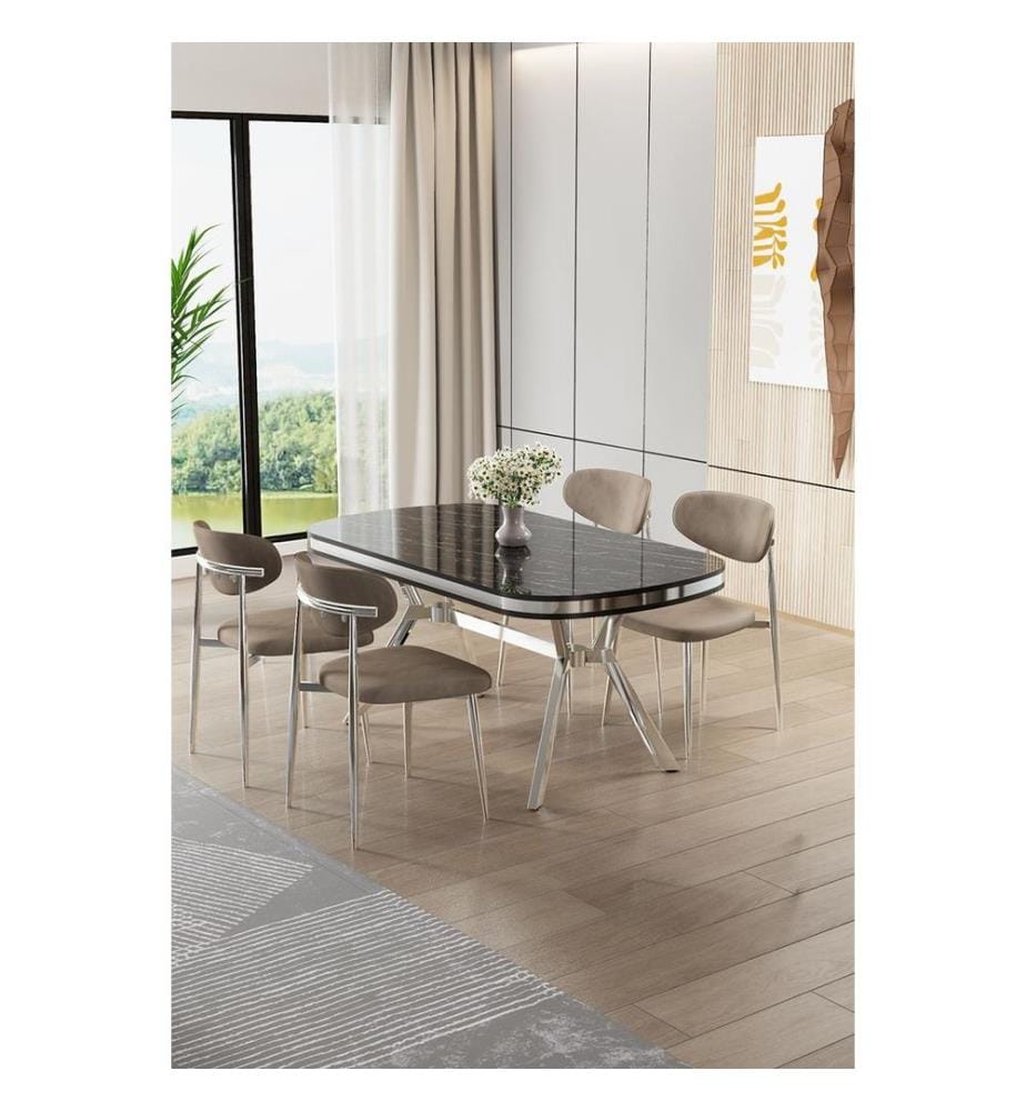 Essgruppe mit Tisch und Stühlen, 5-teilig, 100 % lackierte Paneele, schwarzer Marmor, Chrom, Cappuccino