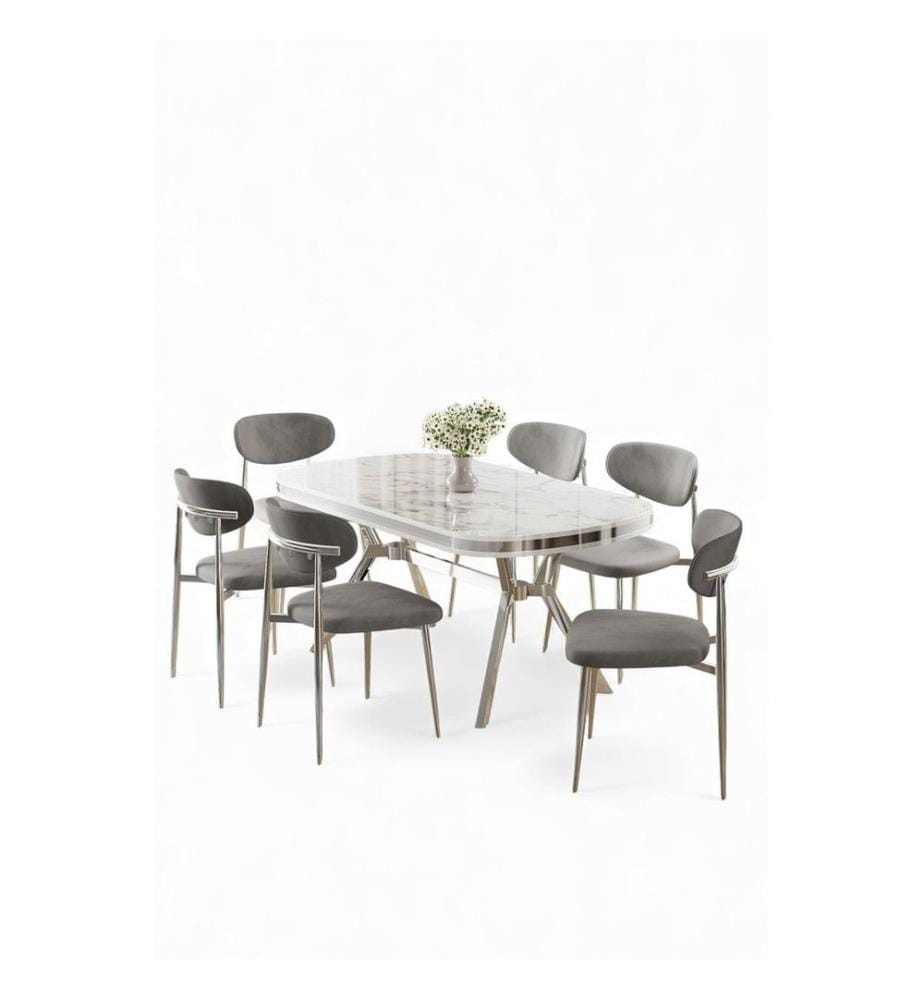 Essgruppe mit Tisch und Stühlen, 7-teilig, 100 % lackierte Paneele, weisser Marmor, Chrom, Grau