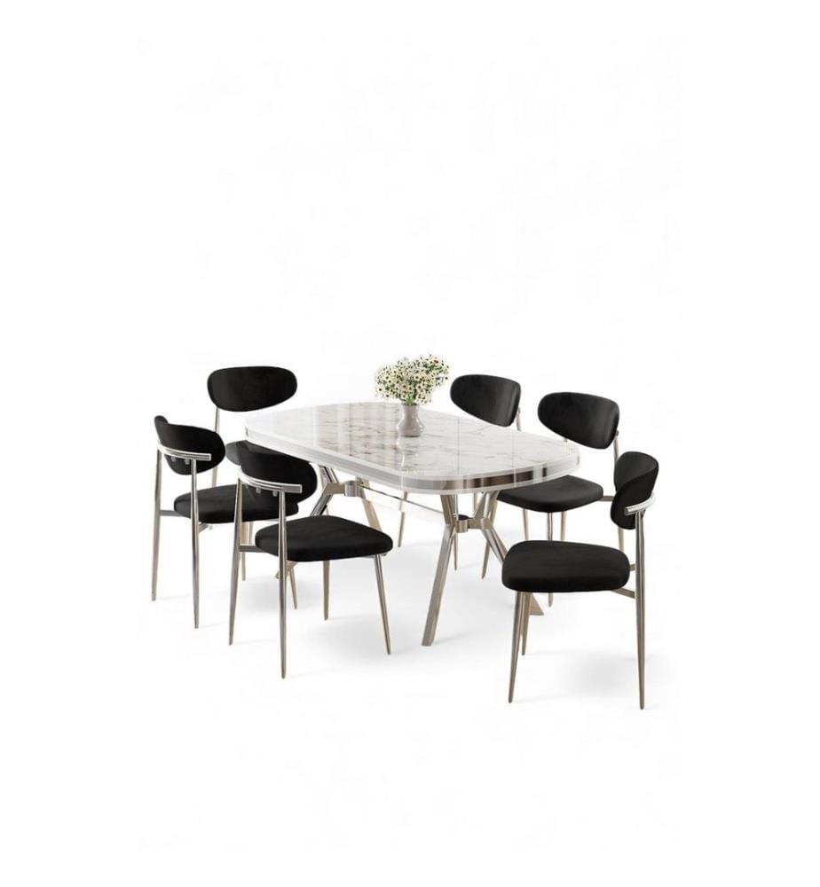 Ensemble table et chaises de salle à manger, 7 pièces, panneau 100 % laqué, marbre blanc, chrome, noir
