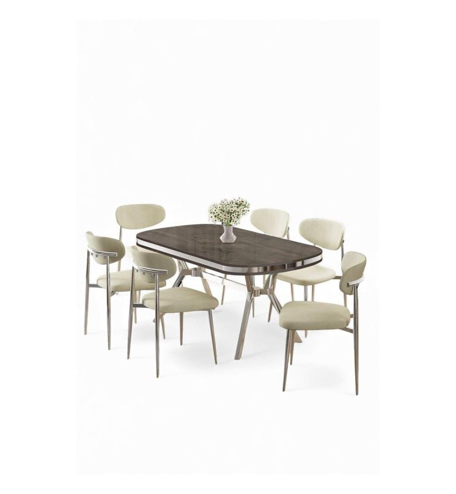 Essgruppe mit Tisch und Stühlen, 7-teilig, 100 % lackierte Oberfläche, Anthrazit, Chrom, Creme