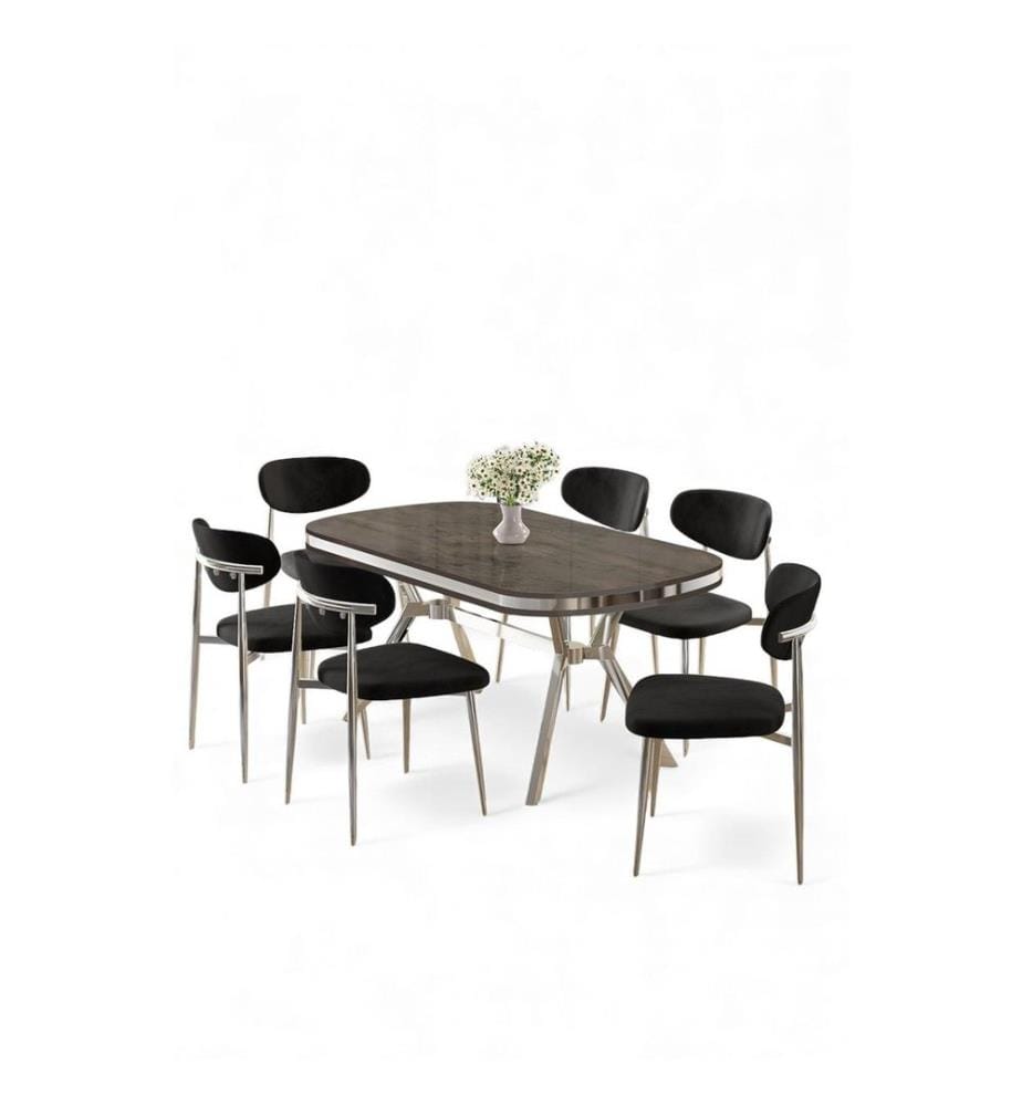Essgruppe mit Tisch und Stühlen, 7-teilig, 100 % lackierte Oberfläche, Anthrazit, Chrom, Schwarz
