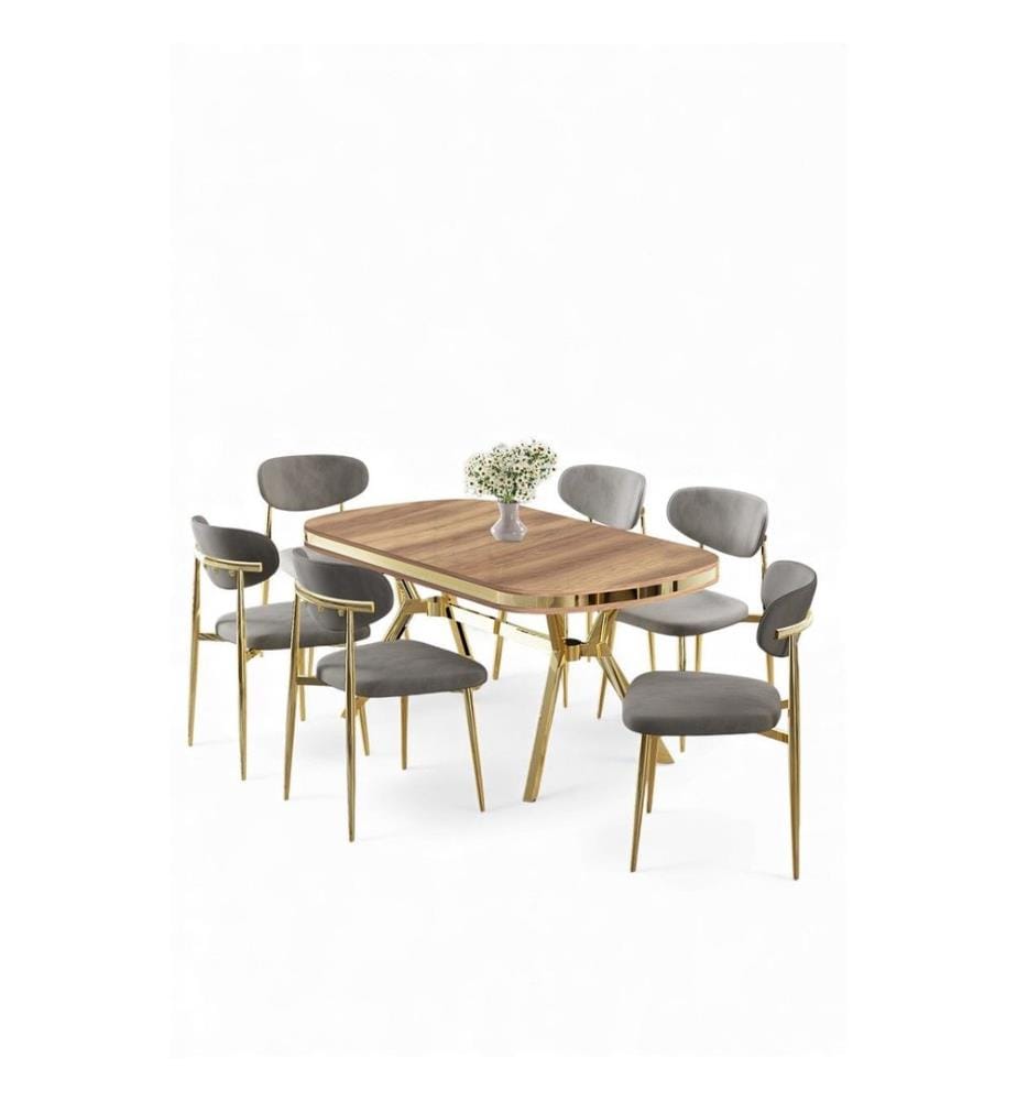 Ensemble table et chaises de salle à manger, 7 pièces, panneau 100 % laqué, chêne, doré, gris