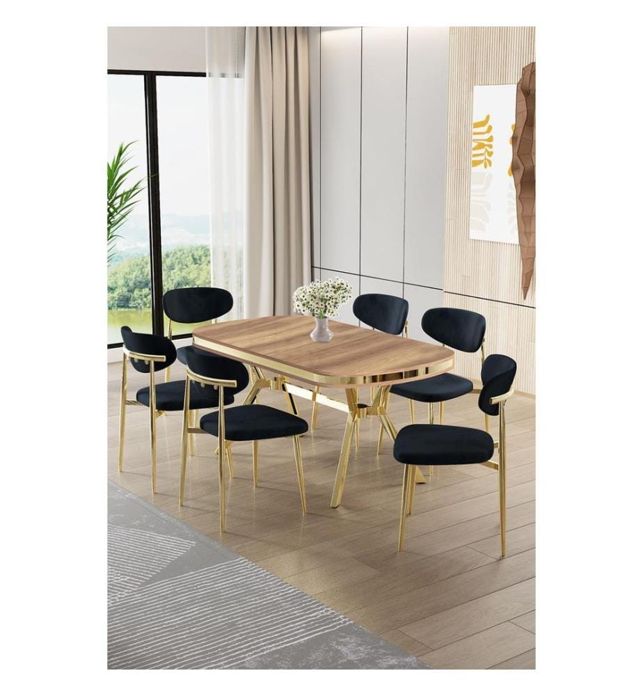 Ensemble table et chaises de salle à manger, 7 pièces, panneau 100 % laqué, chêne, doré, anthracite