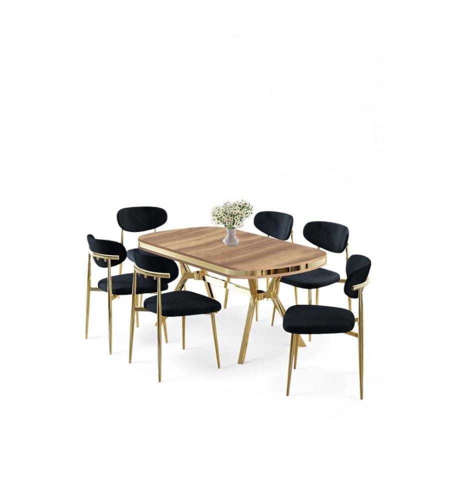 Ensemble table et chaises de salle à manger, 7 pièces, panneau 100 % laqué, chêne, doré, anthracite