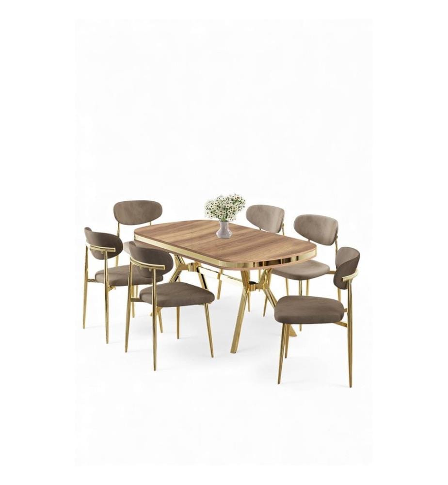 Ensemble table et chaises de salle à manger, 7 pièces, panneau 100 % laqué, chêne, doré, cappuccino