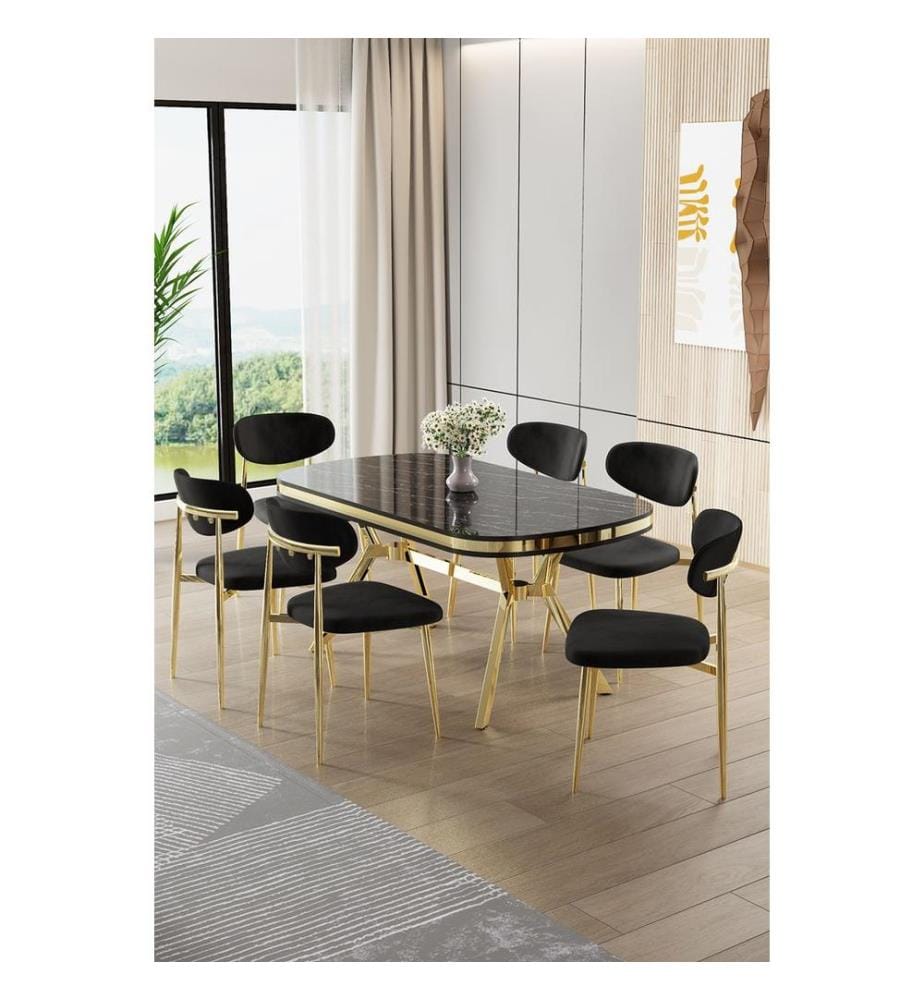 Ensemble table et chaises de salle à manger, 7 pièces, panneau 100 % laqué, marbre noir, or, noir