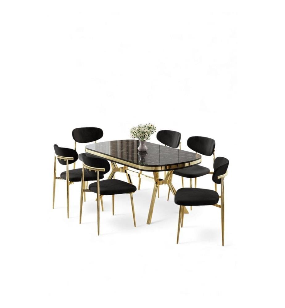 Ensemble table et chaises de salle à manger, 7 pièces, panneau 100 % laqué, marbre noir, or, noir