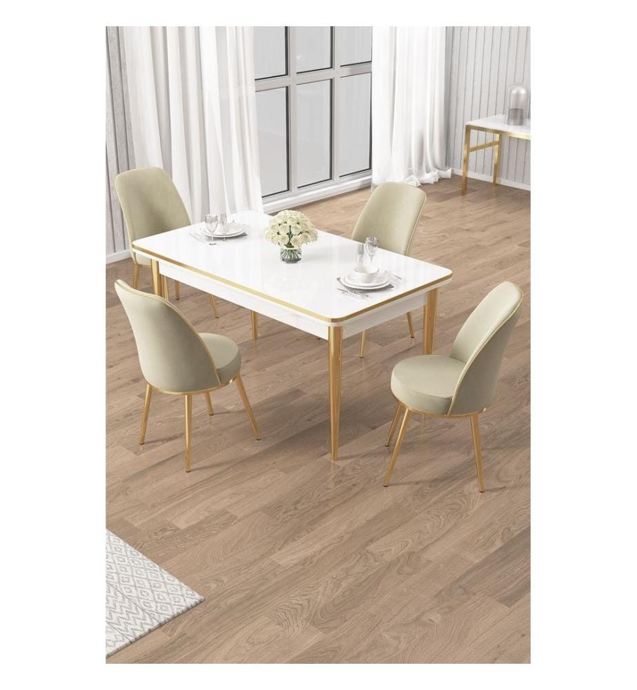 Ensemble table et chaises de salle à manger, 5 pièces, panneaux de particules mélaminés, blanc, doré, crème