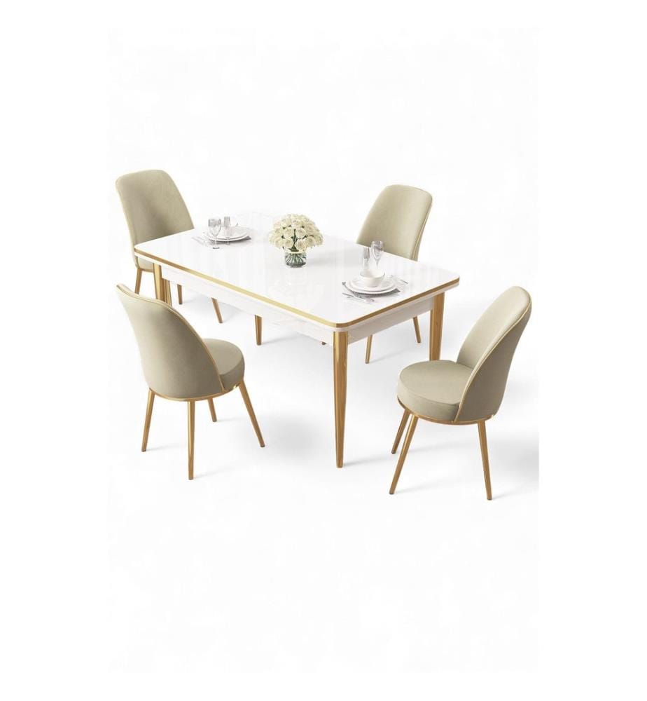 Ensemble table et chaises de salle à manger, 5 pièces, panneaux de particules mélaminés, blanc, doré, crème