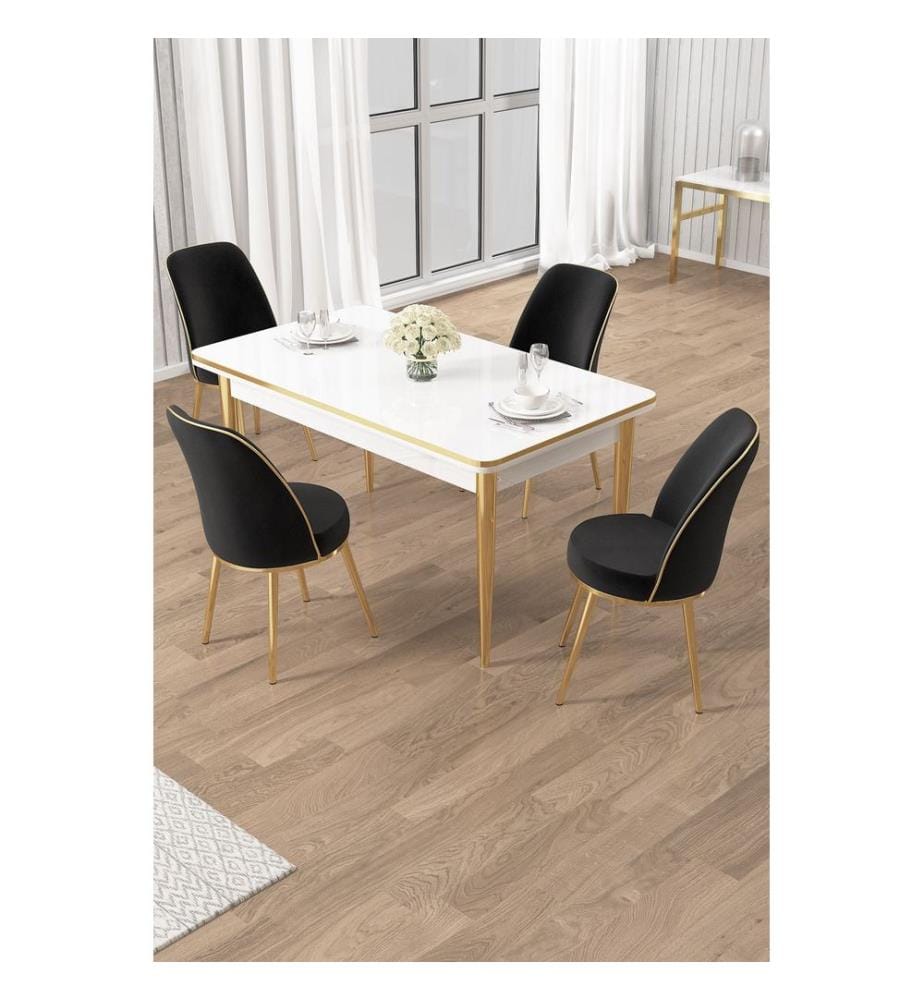 Ensemble table et chaises de salle à manger, 5 pièces, panneaux de particules mélaminés, blanc, doré, noir