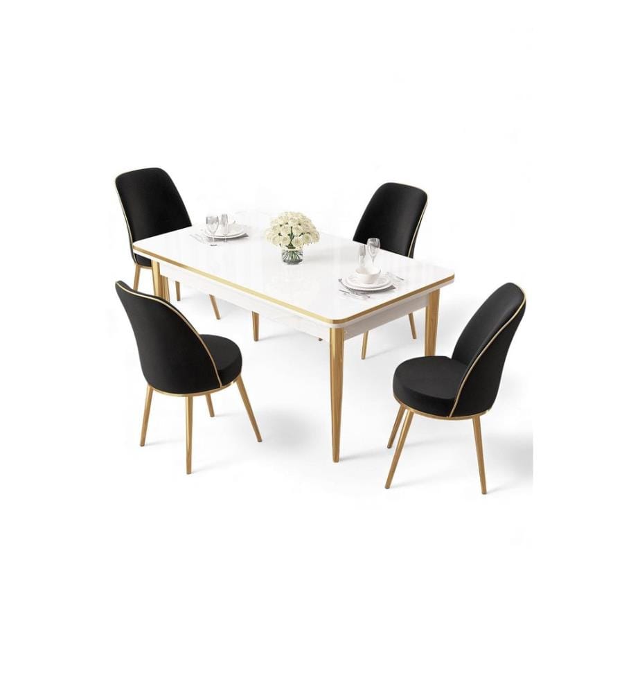 Ensemble table et chaises de salle à manger, 5 pièces, panneaux de particules mélaminés, blanc, doré, noir