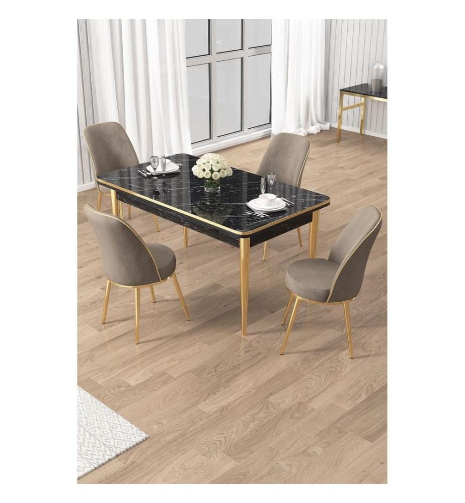 Ensemble table et chaises de salle à manger, 5 pièces, panneaux de particules mélaminés, marbre noir, or, cappuccino