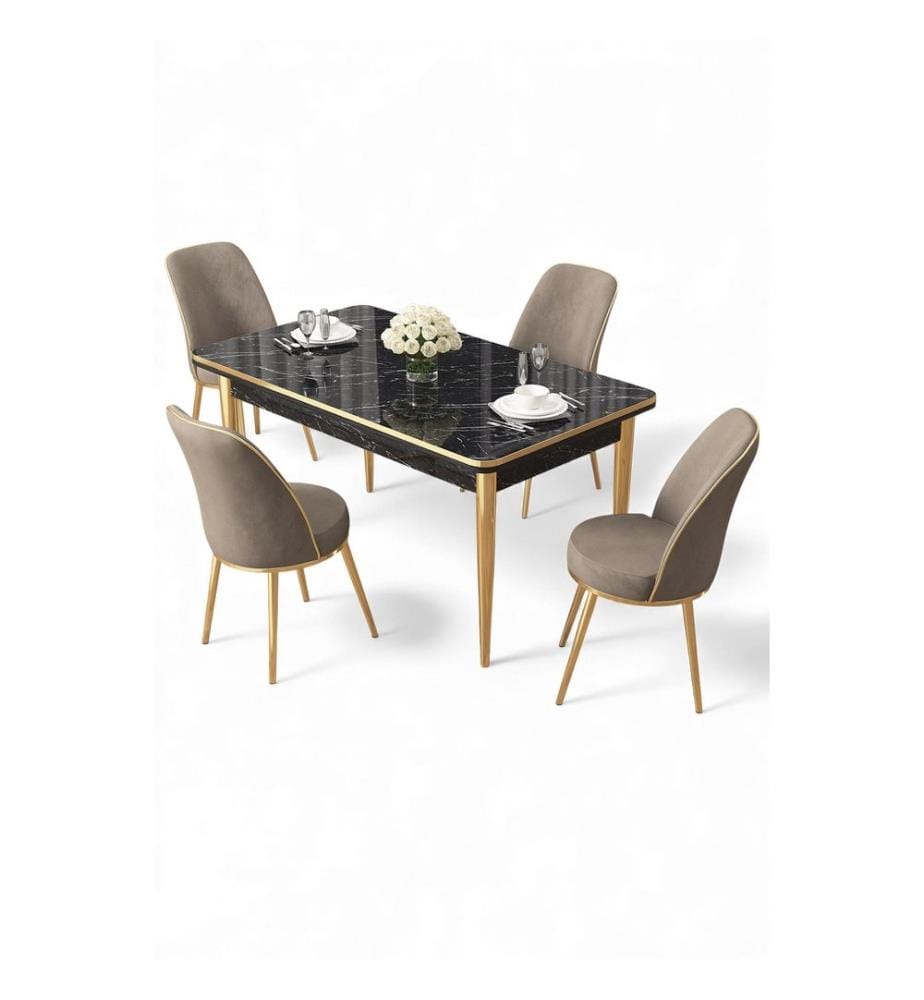 Ensemble table et chaises de salle à manger, 5 pièces, panneaux de particules mélaminés, marbre noir, or, cappuccino