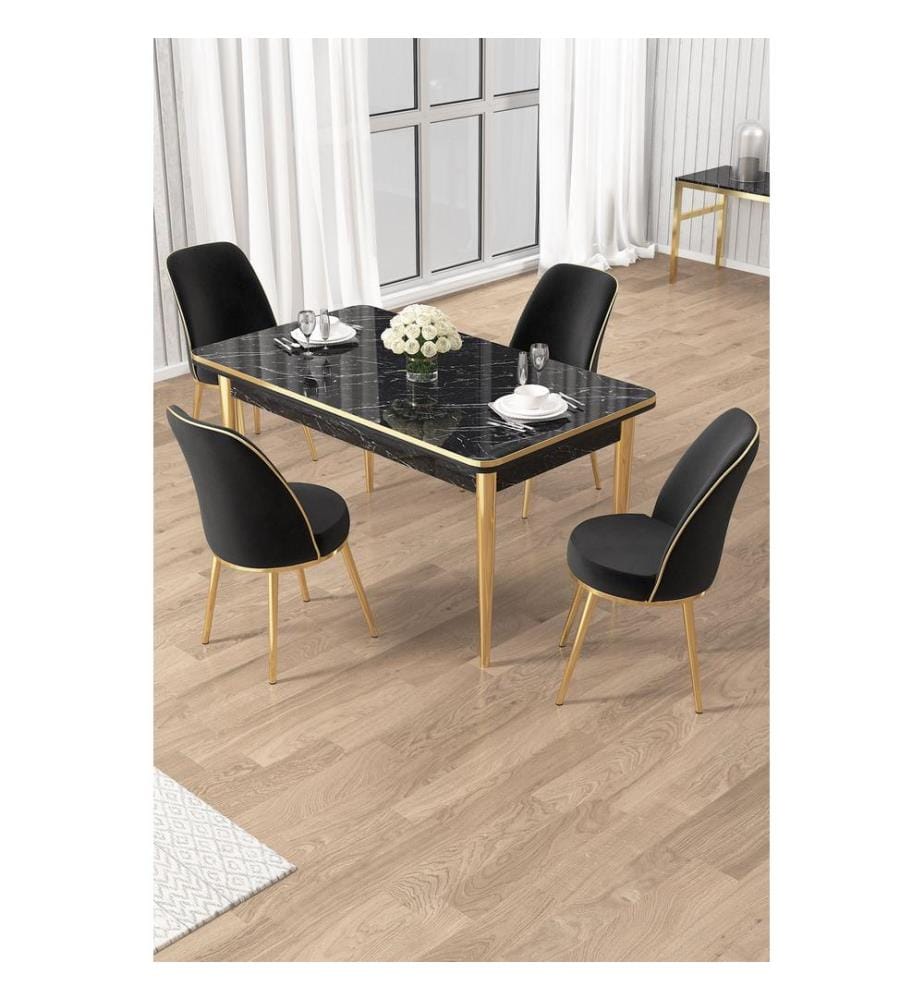 Ensemble table et chaises de salle à manger, 5 pièces, panneaux de particules mélaminés, marbre noir, or, noir
